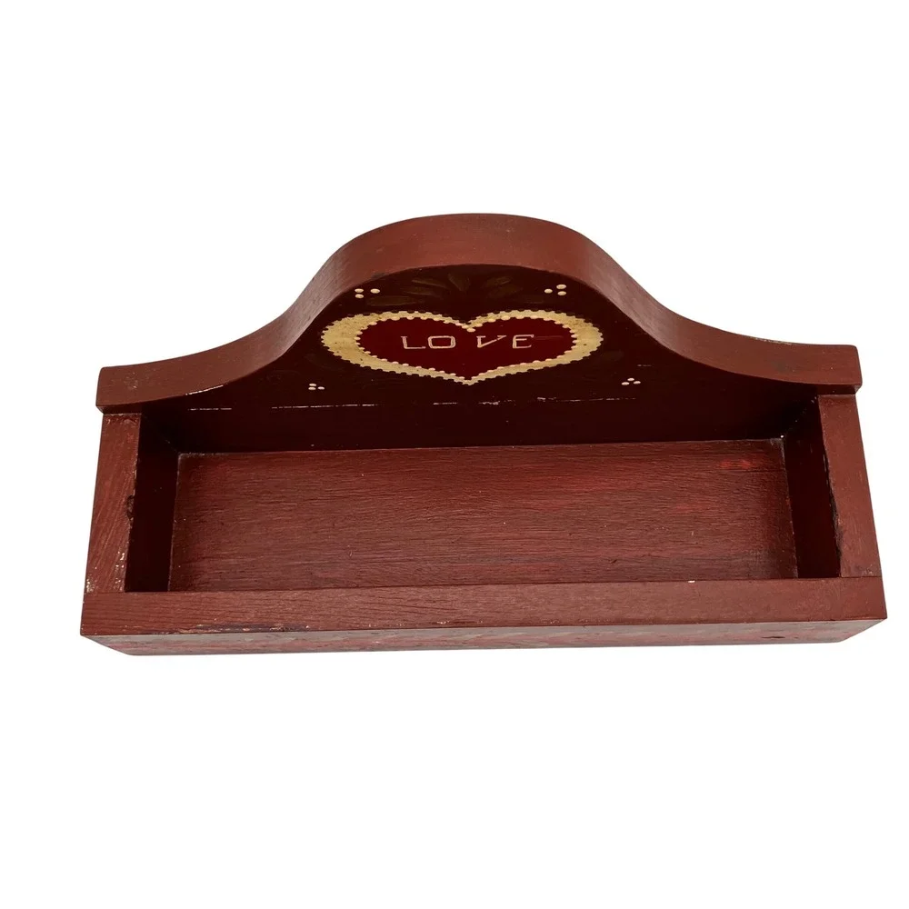 Wall Organizer Folk Art Wood Love Heart Burgundy Red Rustic Box